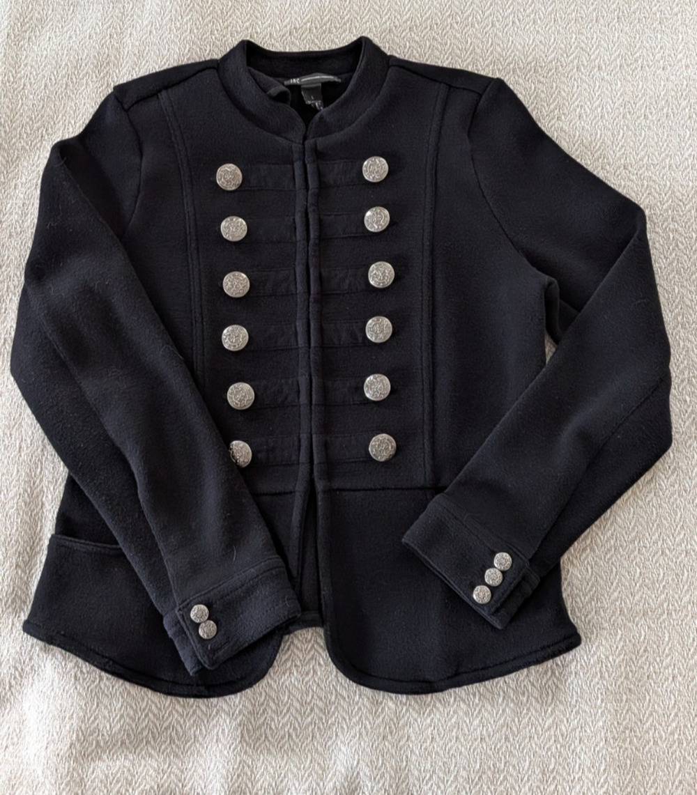INC Military Band Jacket Womens L Black Silver Dome Button Peplum Whimsigoth Y2K